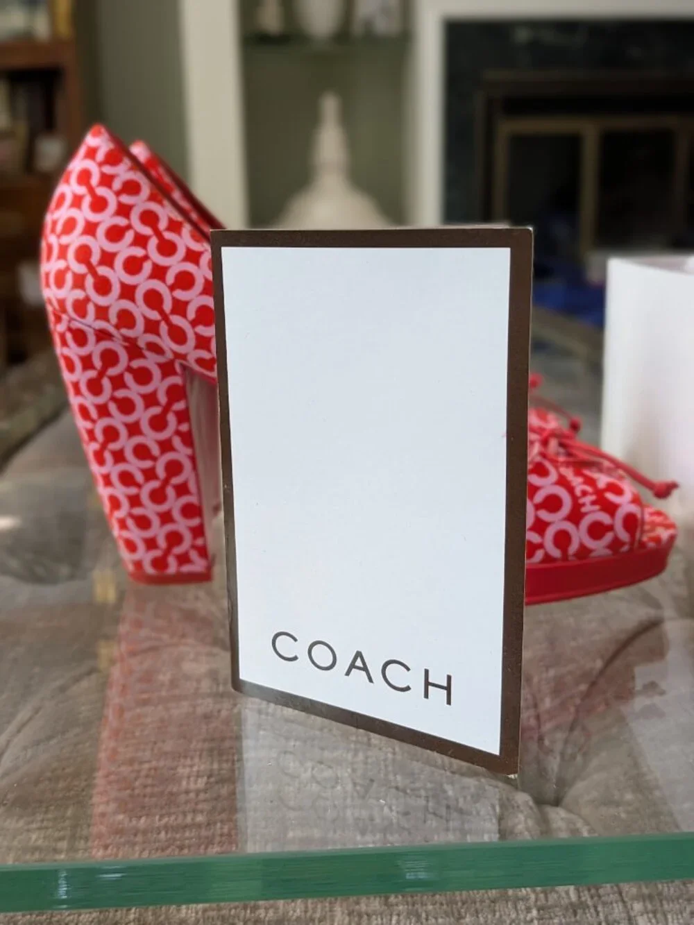 Coach Vintage Red Mini Signature C Print Peep Toe Platform Pumps Heels